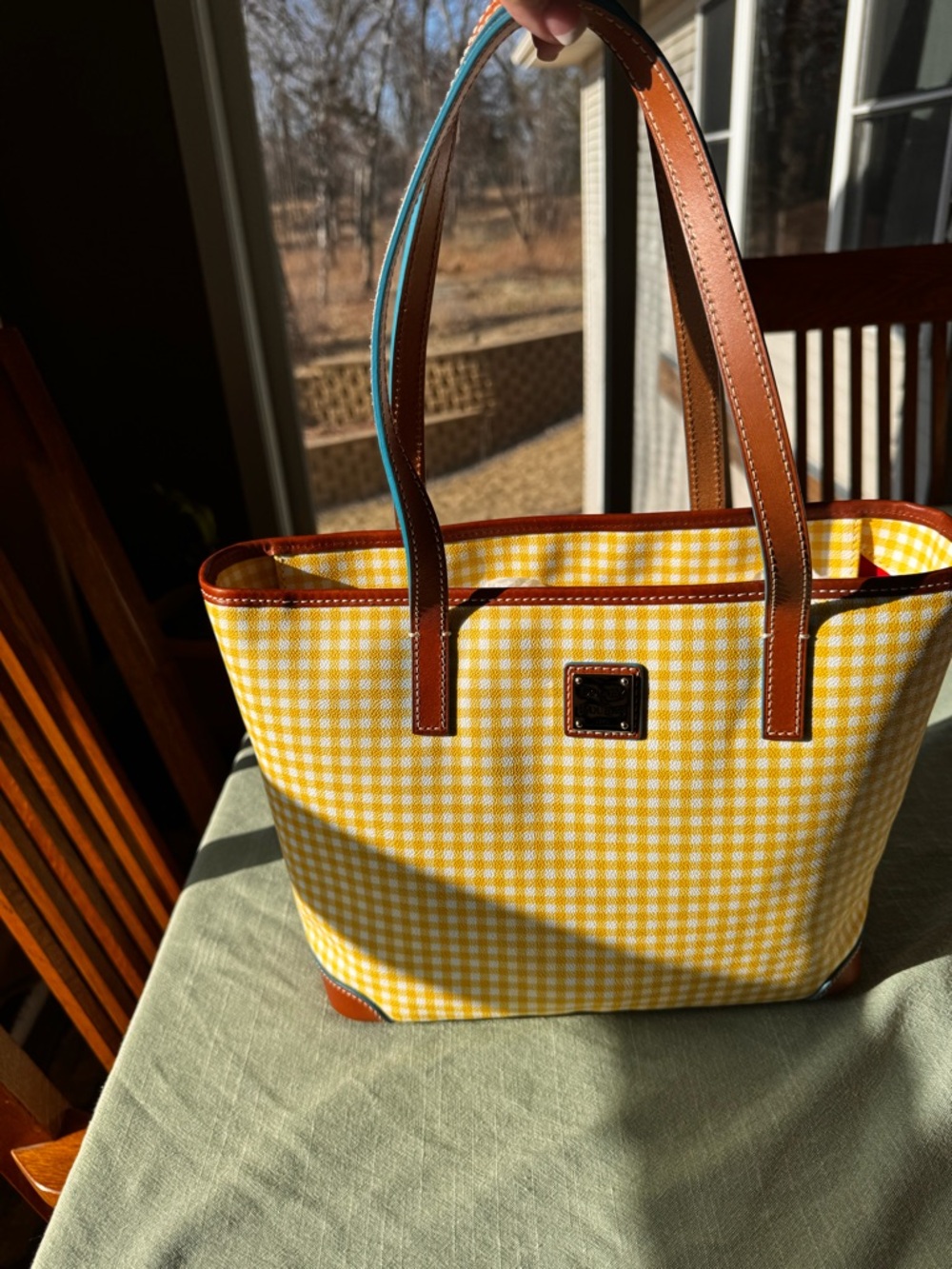 Dooney & Bourke Yellow Gingham Tote with Brown Leather Trim